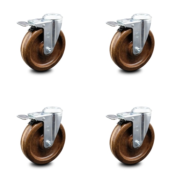 5 Inch High Temp Phenolic Swivel Bolt Hole Caster Set with Total Lock Brake SCC
